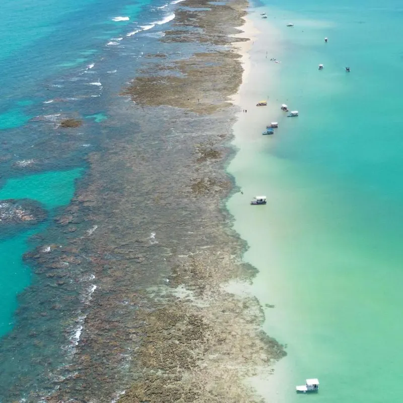 Barreira de recifes e barcos nas piscinas naturais de Maragogi, vistas do alto